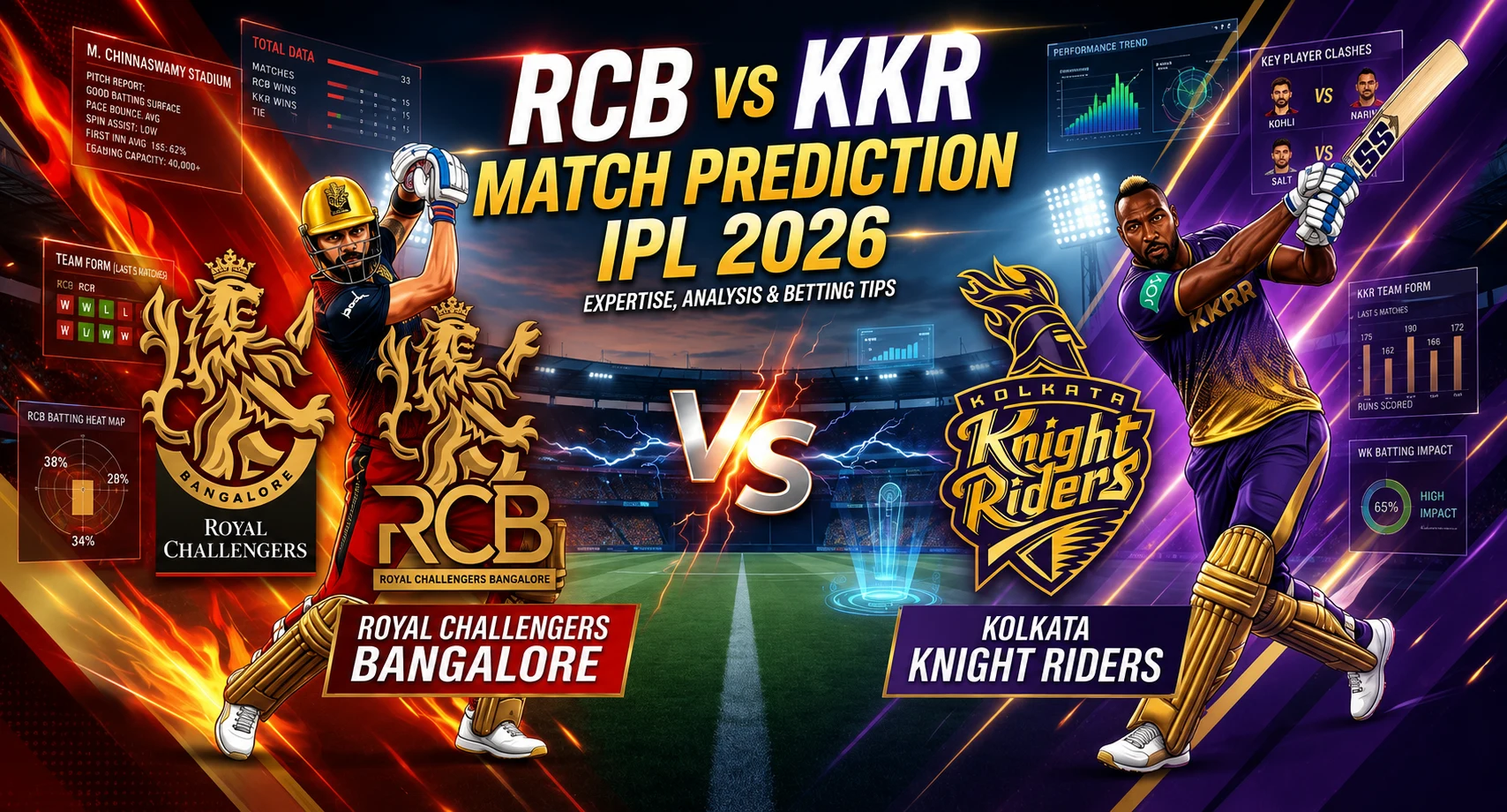 Winbuz Match Prediction & Betting Insights for RCB vs KKR IPL 2026 match at Raipur Stadium with pitch report and betting odds analysis.