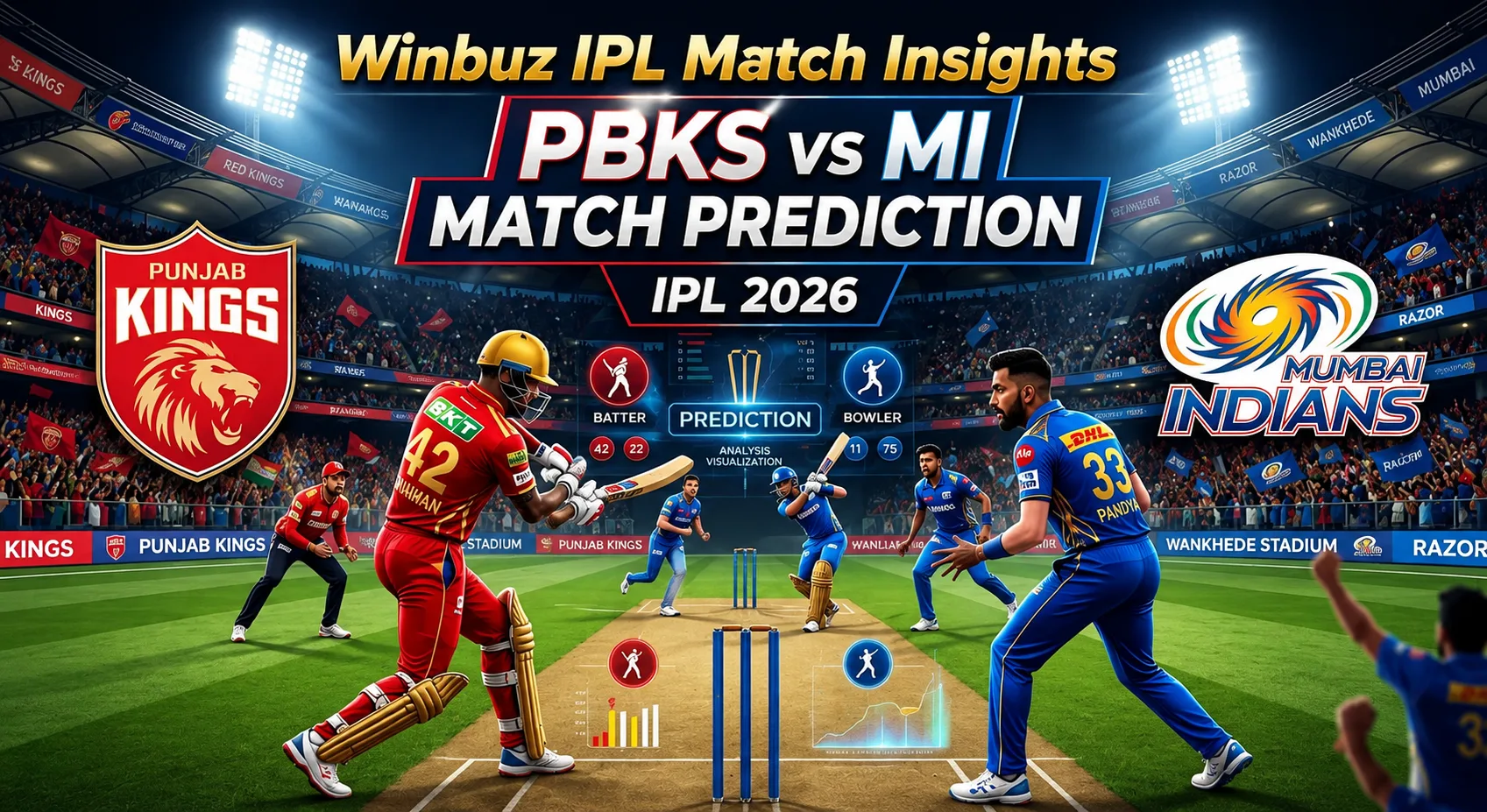 Winbuz IPL Match Insights for PBKS vs MI IPL 2026 at Dharamshala featuring pitch report, betting odds, player analysis, and prediction.