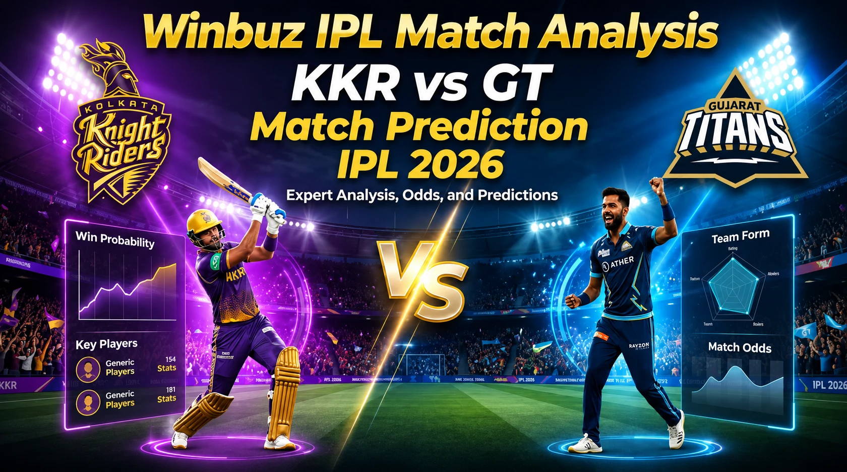 Winbuz IPL Match Analysis for KKR vs GT IPL 2026 featuring Eden Gardens pitch report, betting odds, player insights, and prediction.