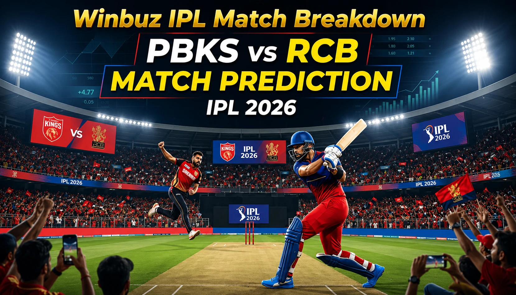 Winbuz IPL Match Breakdown for PBKS vs RCB IPL 2026 featuring Dharamshala pitch report, betting odds, player analysis, and prediction.