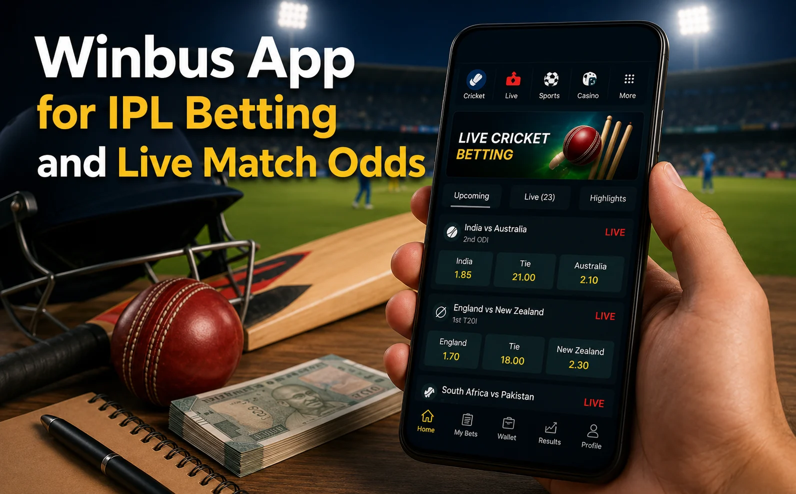 Winbus app interface showing IPL betting, live cricket match odds, and mobile betting features for IPL 2026.