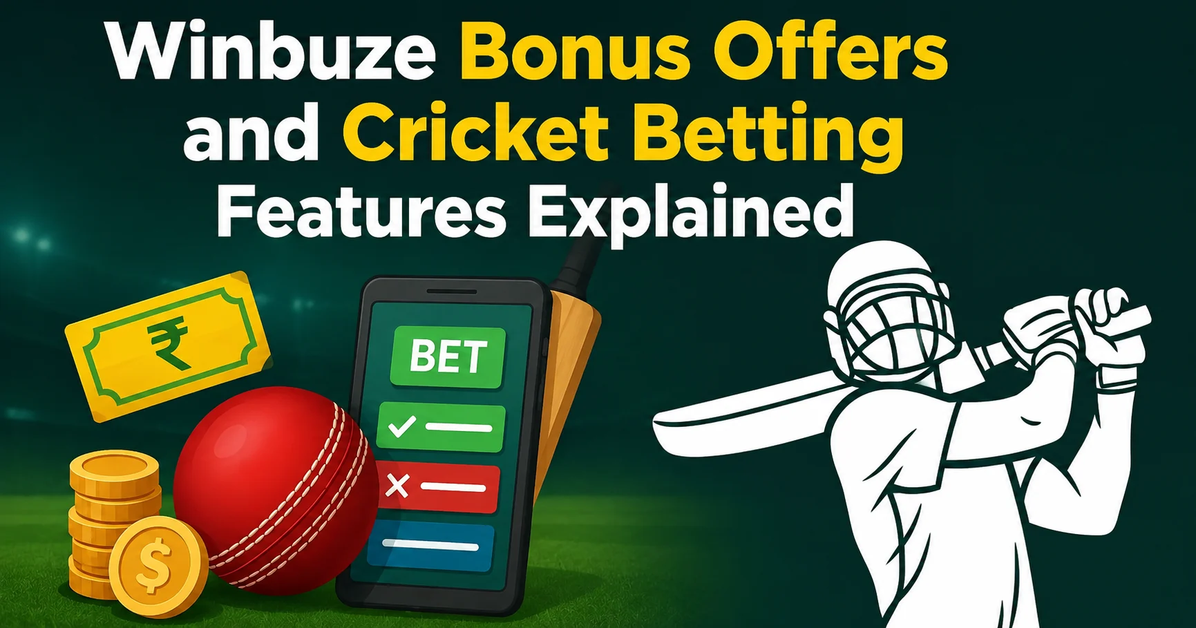 Winbuze cricket betting platform showing bonus offers, live IPL betting odds, and mobile sports betting features.