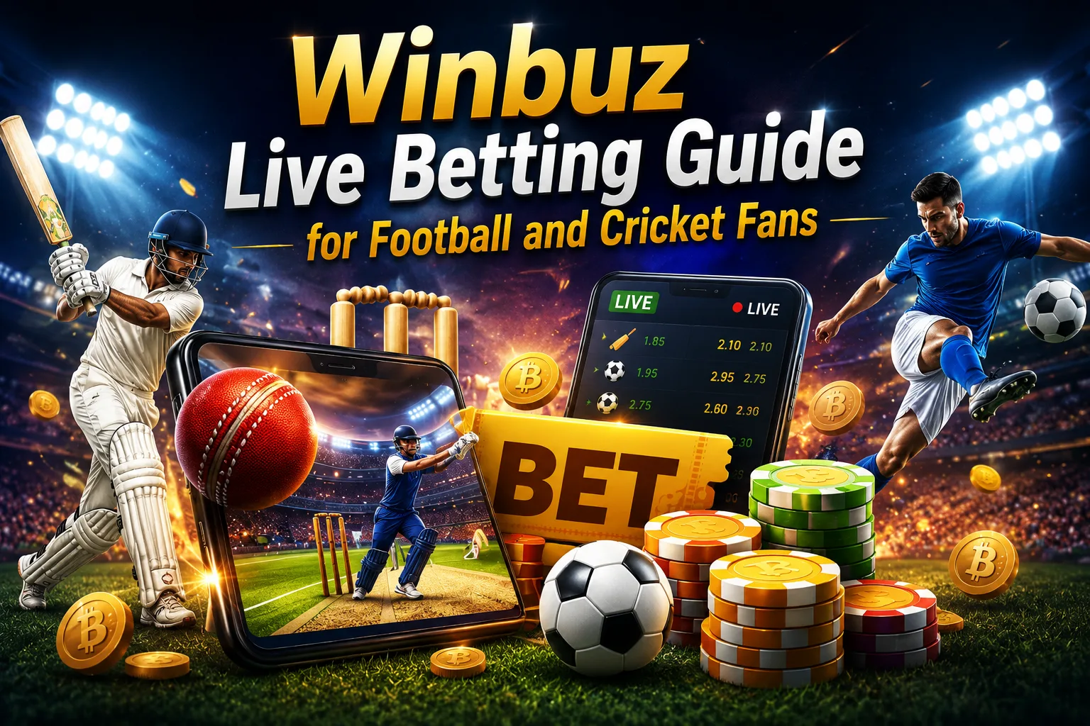 Winbuz Live Betting interface showing live cricket and football betting odds, match analysis, betting markets, and real-time sports betting features.