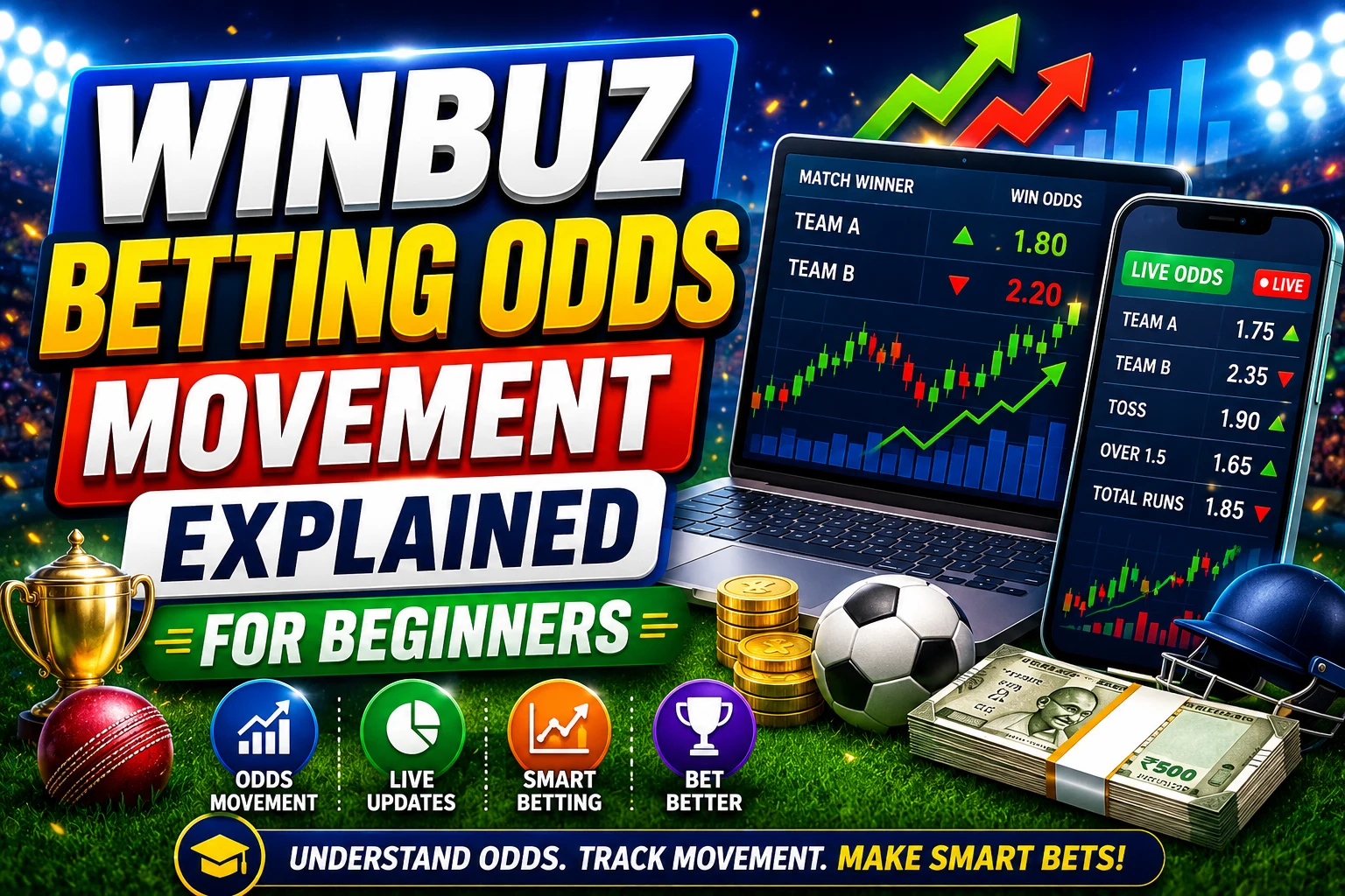 Winbuz betting odds guide image featuring live cricket betting markets, changing odds numbers, sportsbook charts, and IPL betting analysis for beginners.