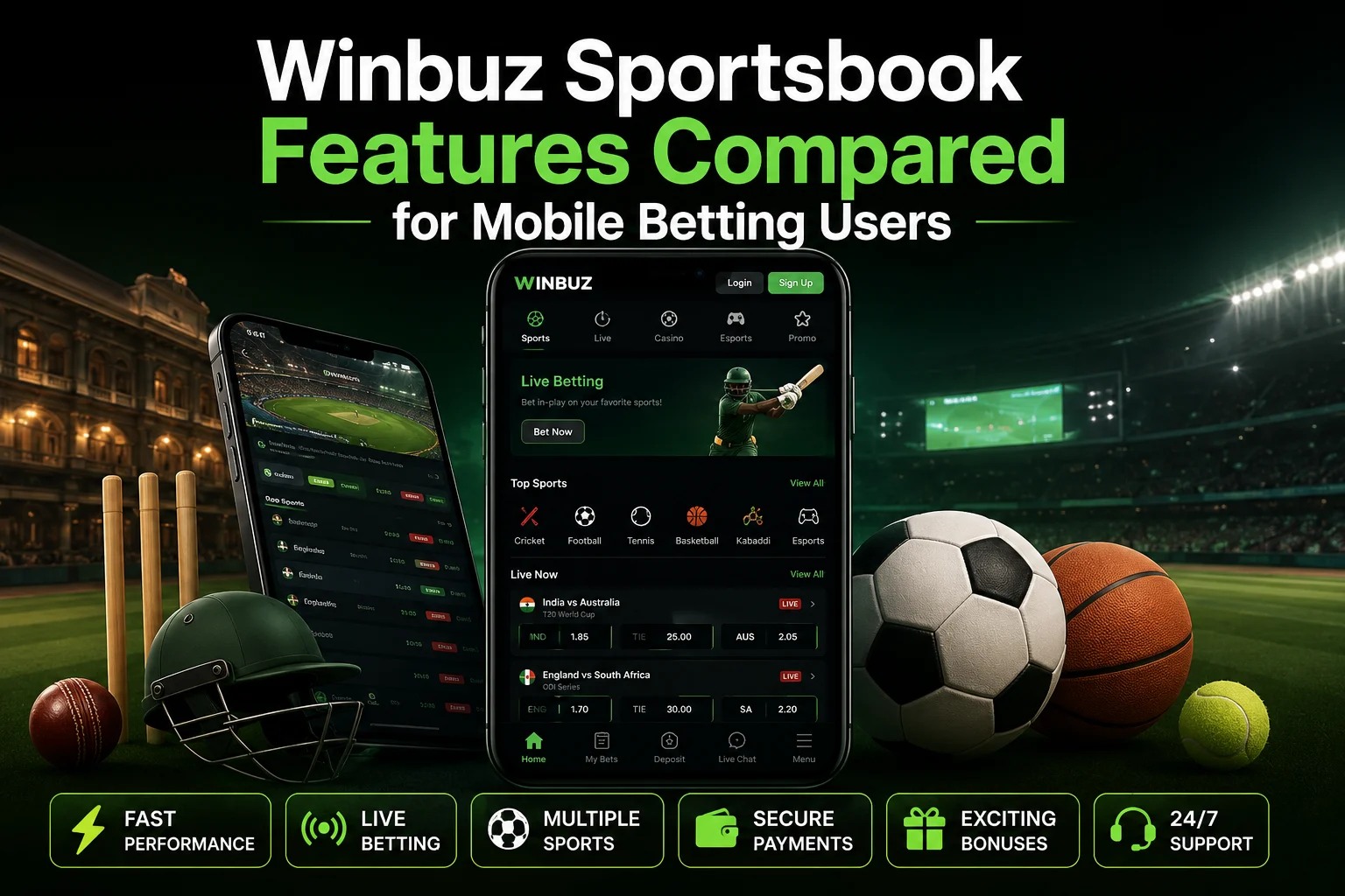 Winbuz betting site mobile sportsbook interface featuring live betting odds, cricket and football markets, sportsbook dashboard, and mobile betting features.