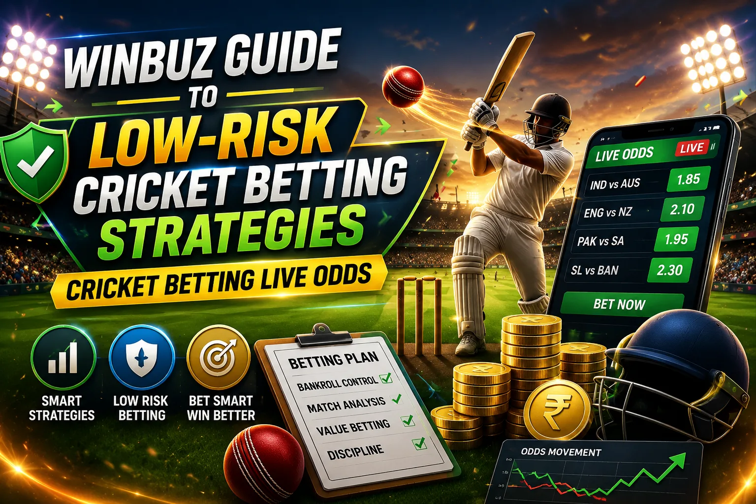 Winbuz cricket betting strategy guide with live cricket betting odds and low-risk betting tips displayed on screen.