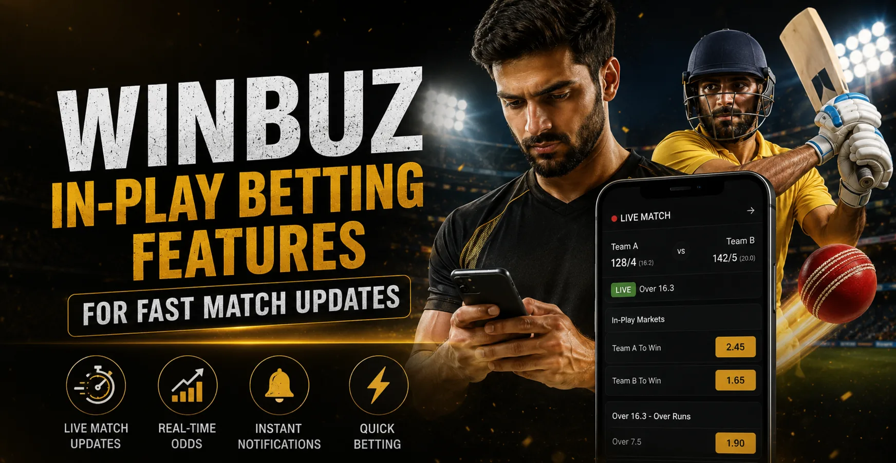 Winbuz in-play betting banner with live cricket match updates, real-time odds, and mobile betting interface.